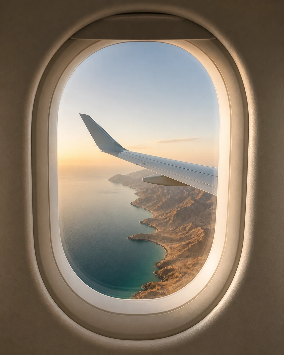 A window seat overlooking the wing and Oman’s rugged coastline