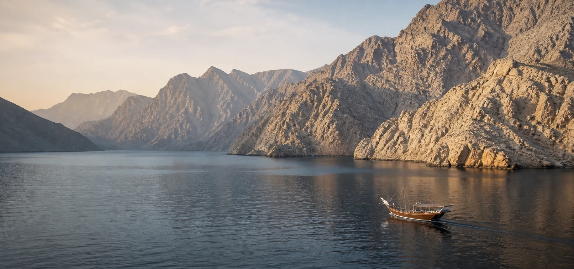 Traditional dhow sailing beside the rugged cliffs of Musandam, Oman