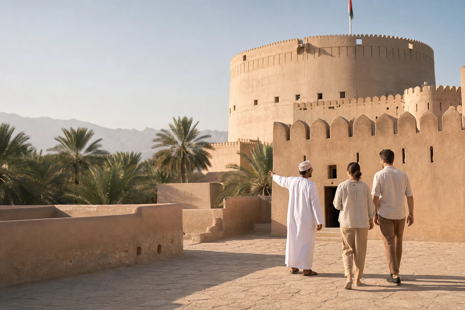 Illustrative scene of an Omani guide and travellers exploring Nizwa Fort