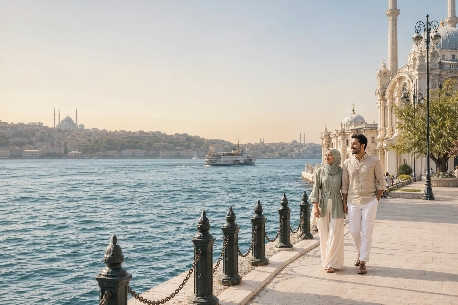 Illustrative scene of a couple discovering Istanbul beside the Bosphorus